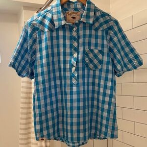 Western Aloha Turquoise Palaka Women's Blouse size L🔵⚪️